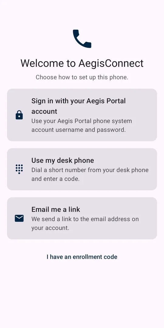Aegis Connect sign-in options screen