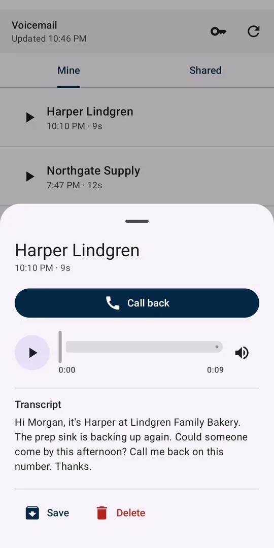 Aegis Connect voicemail screen with a written transcript